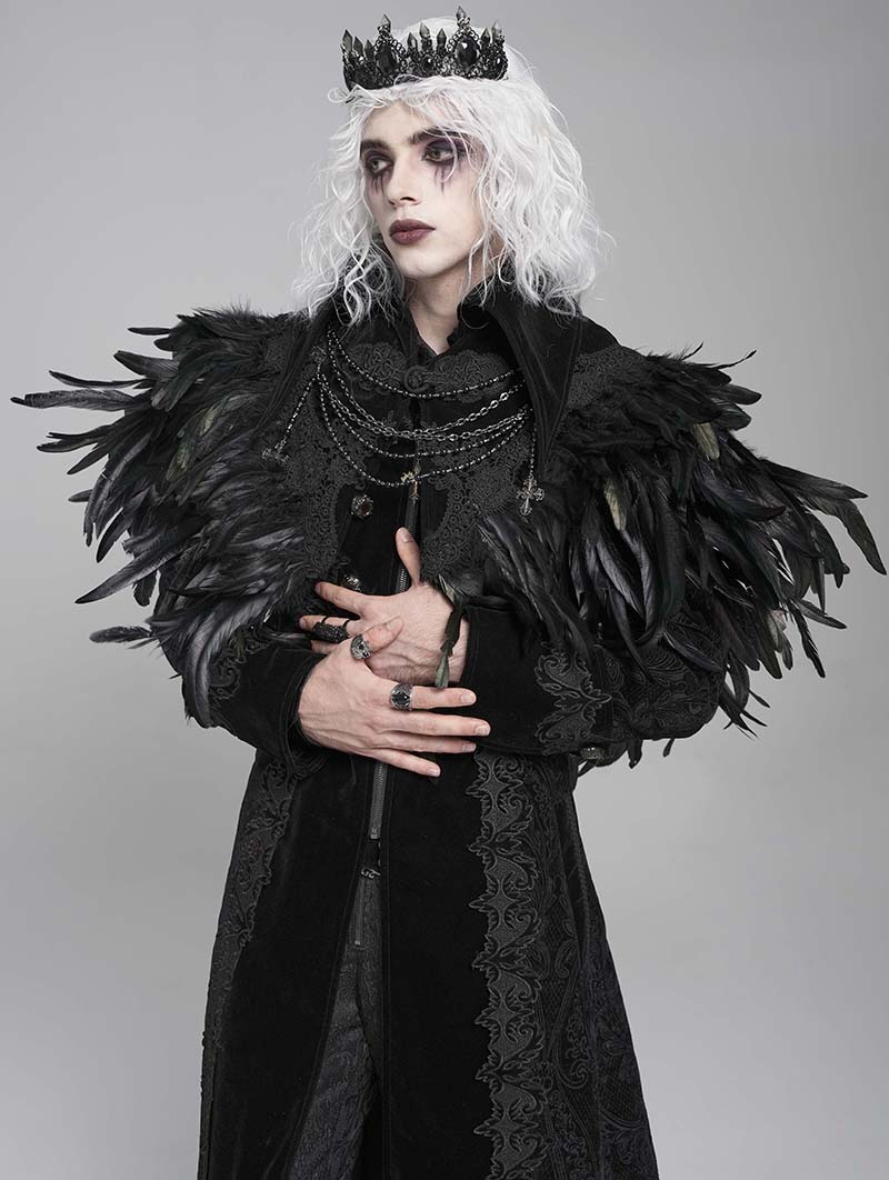 Black Gothic Retro Lace Appliqued Feather Bolero Cape for Men