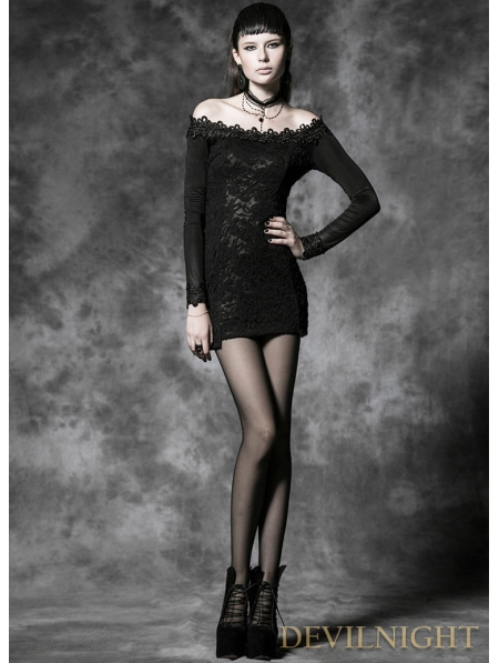 Black Long Sleeves Lace Gothic Mini Dress - Devilnight.co.uk