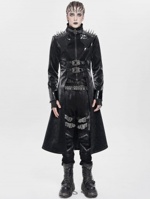 Black Gothic Punk Spiked Faux Leather Long Jacket for Men
