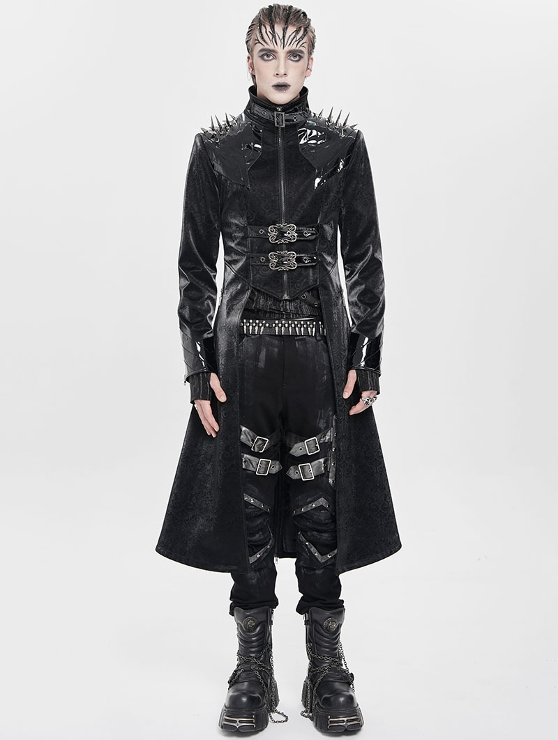 Black Gothic Punk Spiked Faux Leather Long Jacket for Men