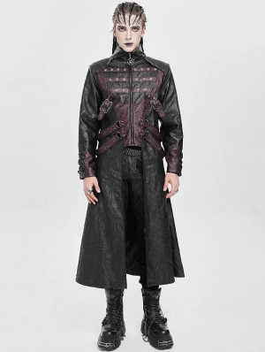 Black and Red Gothic Punk Studded Buckle Strap Long Coat for Men