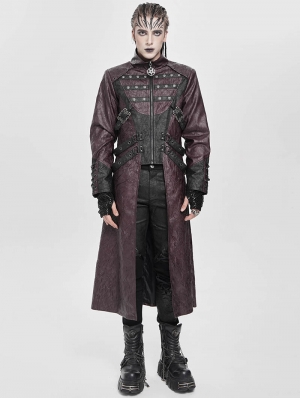 Wine Red Gothic Punk Studded Buckle Strap Long Coat for Men