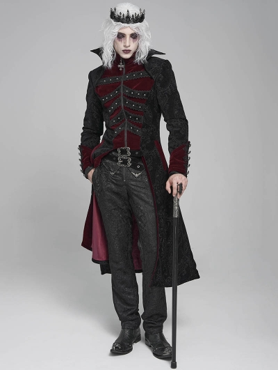 Black and Red Retro Gothic Stand Collar Embroidered Velvet Party Coat for Men