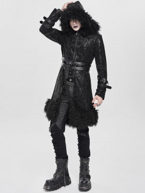 Black Gothic Punk Buckle-Up Plush Spliced Hooded Jacket for Men