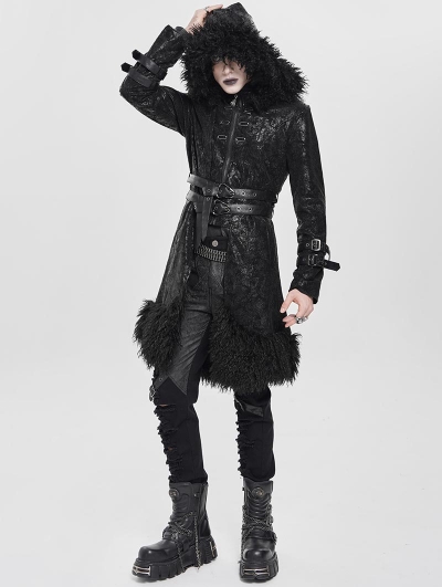 Black Gothic Punk Buckle-Up Plush Spliced Hooded Jacket for Men