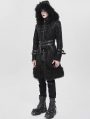 Black Gothic Punk Buckle-Up Plush Spliced Hooded Jacket for Men
