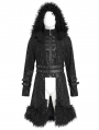 Black Gothic Punk Buckle-Up Plush Spliced Hooded Jacket for Men