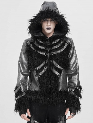 Black Gothic Punk Faux Fur Patchwork Hooded Jacket for Men