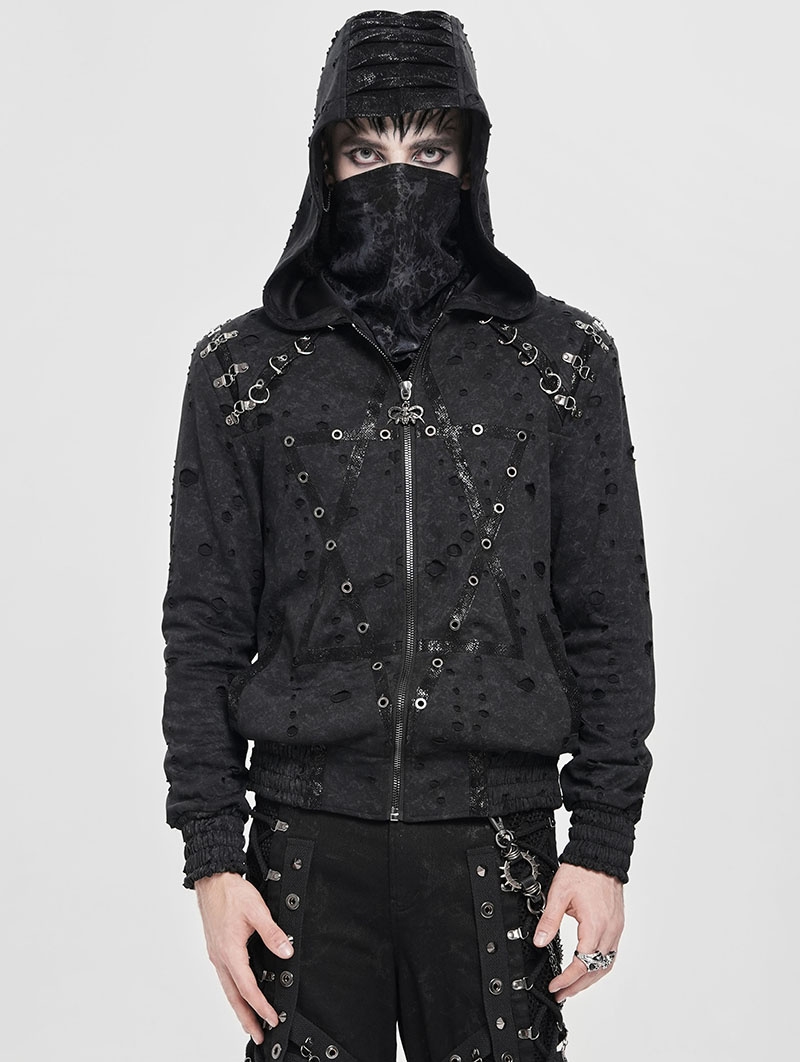 Black Gothic Punk Eyelet Hooded Distressed Jacket for Men