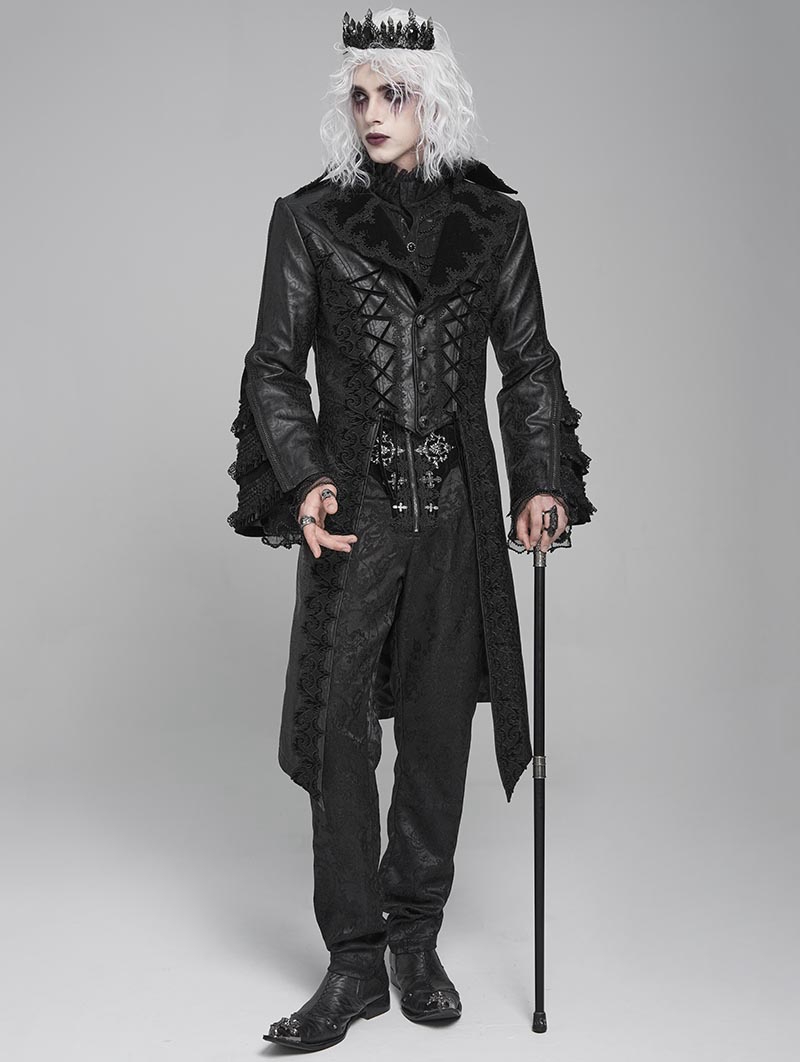 Black Retro Gothic Lace-Up Faux Leather Party Jacket for Men