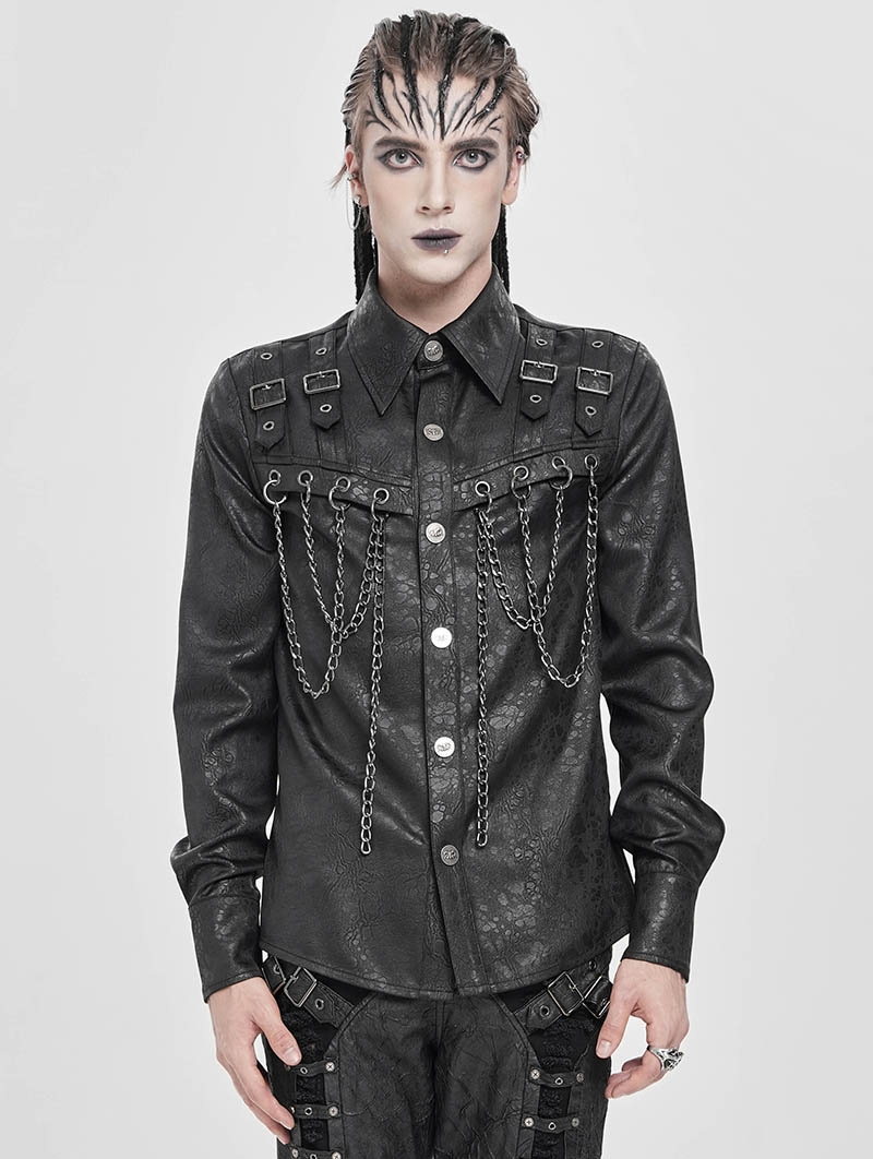 Black Gothic Punk Buckle Chain Long Sleeve Shirt for Men