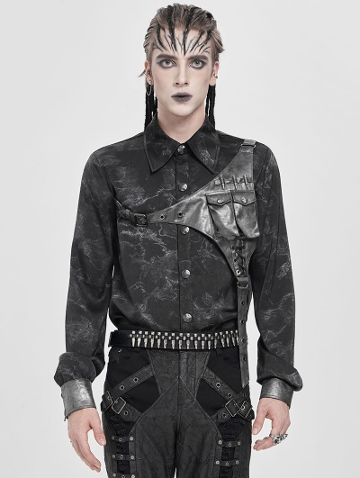 Black Gothic Faux Leather Patch Long Sleeve Shirt for Men