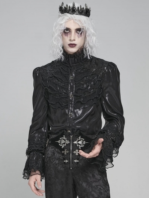 Black Retro Gothic Ruffled Stand Collar Beaded Shirt for Men