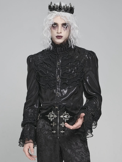 Black Retro Gothic Ruffled Stand Collar Beaded Shirt for Men
