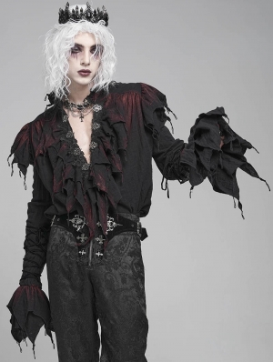 Black Retro Gothic Vampire Plunging Irregular Ruffle Shirt for Men