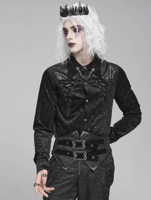 Black Gothic Retro Jacquard Faux Leather Spliced Shirt for Men