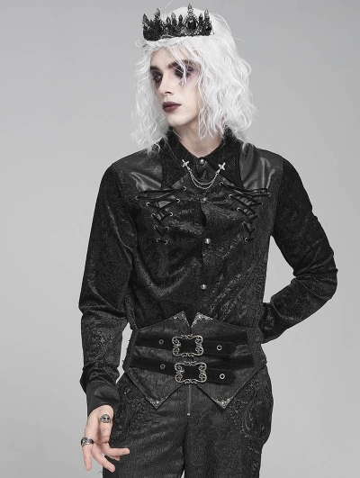 Black Gothic Retro Jacquard Faux Leather Spliced Shirt for Men