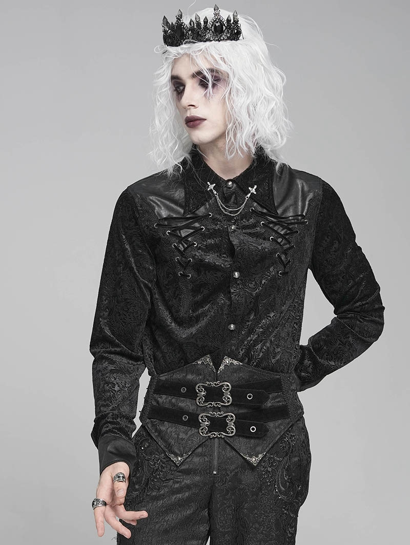 Black Gothic Retro Jacquard Faux Leather Spliced Shirt for Men