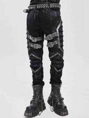 Black Gothic Punk Studded Buckle Strap Fitted Pants for Men