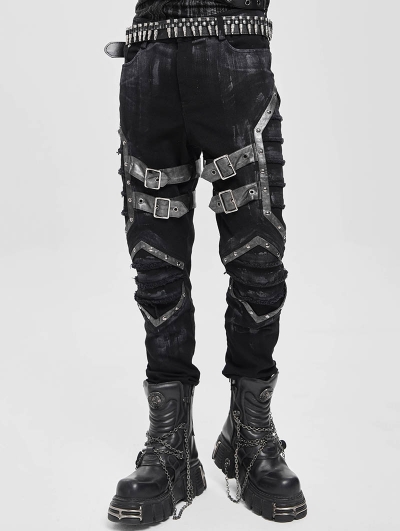Black Gothic Punk Studded Buckle Strap Fitted Pants for Men