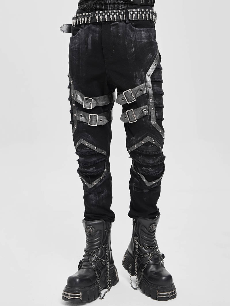 Black Gothic Punk Studded Buckle Strap Fitted Pants for Men