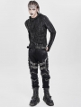 Black Gothic Punk Studded Buckle Strap Fitted Pants for Men