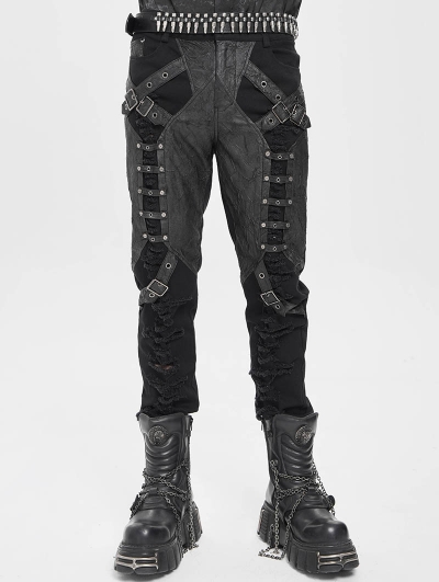 Black Gothic Distressed Faux Leather Spliced Pants for Men