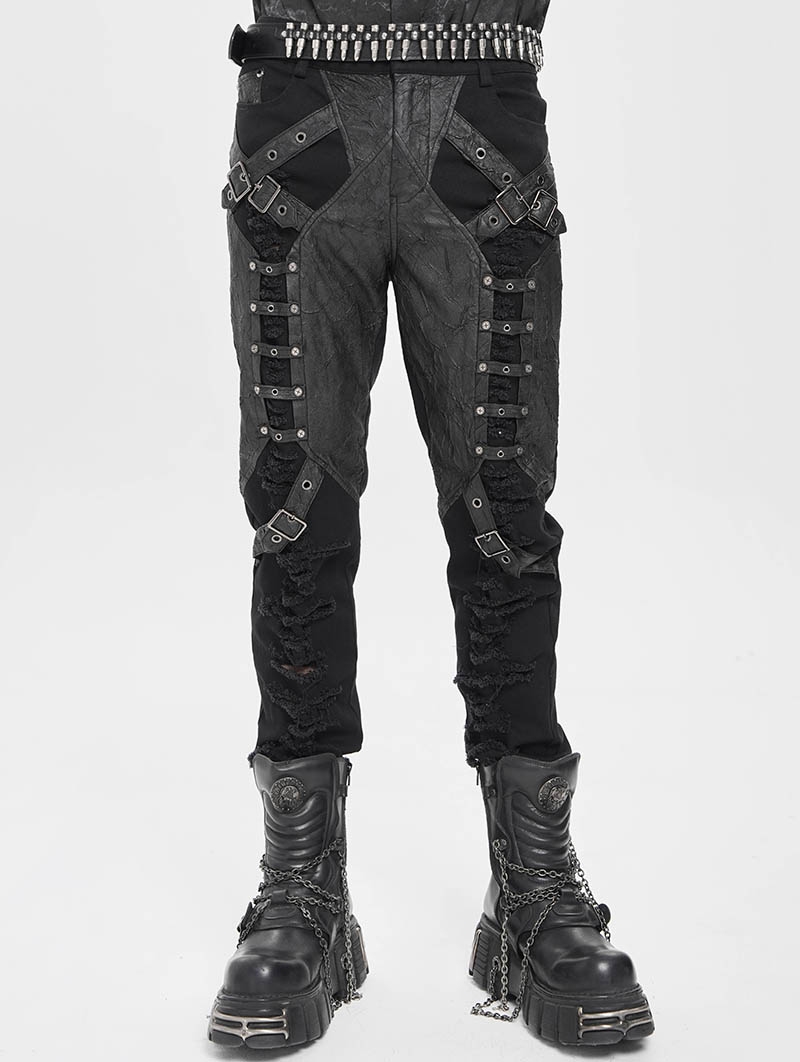 Black Gothic Distressed Faux Leather Spliced Pants for Men