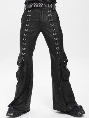 Black Gothic Punk Eyelet Ring Zipper Flared Pants for Men
