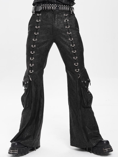 Black Gothic Punk Eyelet Ring Zipper Flared Pants for Men