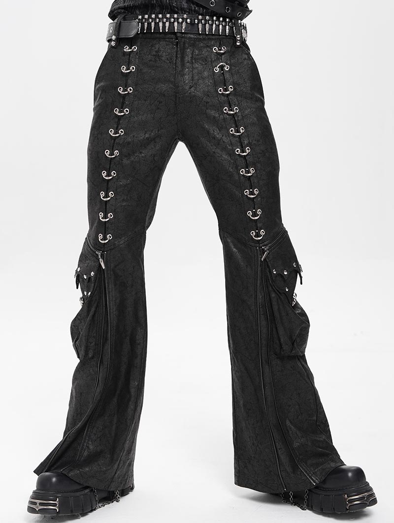 Black Gothic Punk Eyelet Ring Zipper Flared Pants for Men