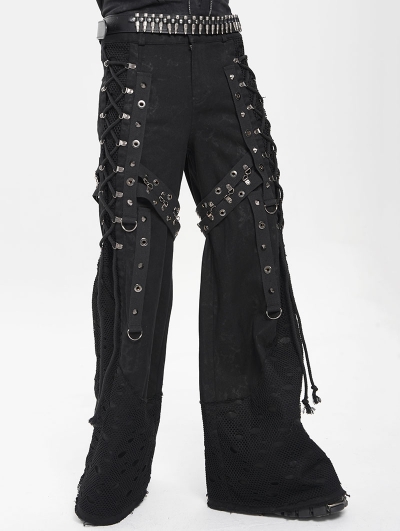Black Gothic Punk Studded Distressed Wide Leg Pants for Men