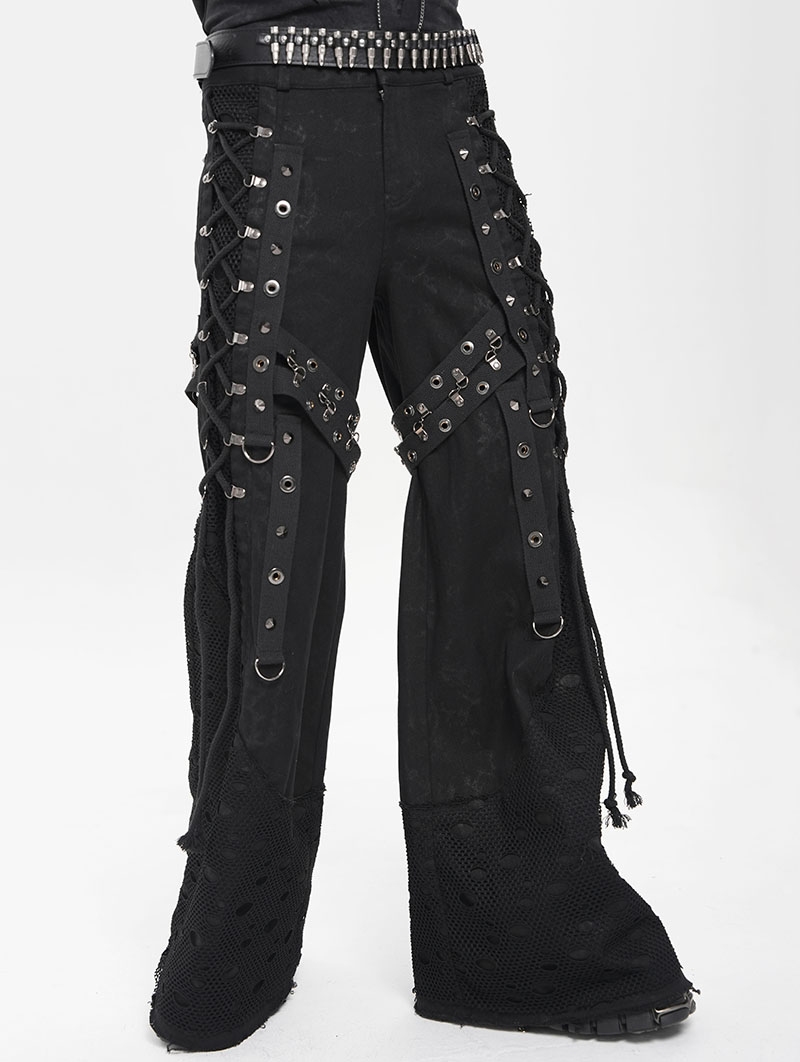 Black Gothic Punk Studded Distressed Wide Leg Pants for Men