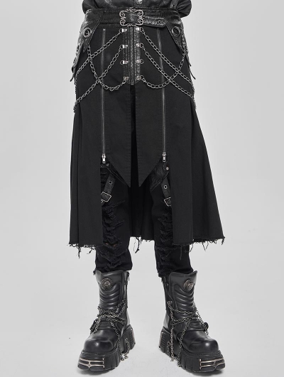 Black Gothic Punk Chain Irregular Pleated Skirt for Men