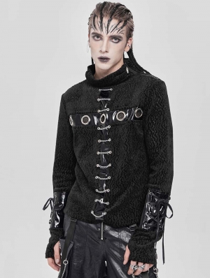 Black Gothic Punk Eyelet Chain Long Sleeve T-Shirt for Men