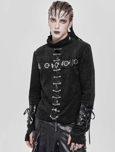 Black Gothic Punk Eyelet Chain Long Sleeve T-Shirt for Men