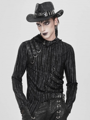 Black and Gray Striped Gothic Asymmetric Hooded T-Shirt for Men