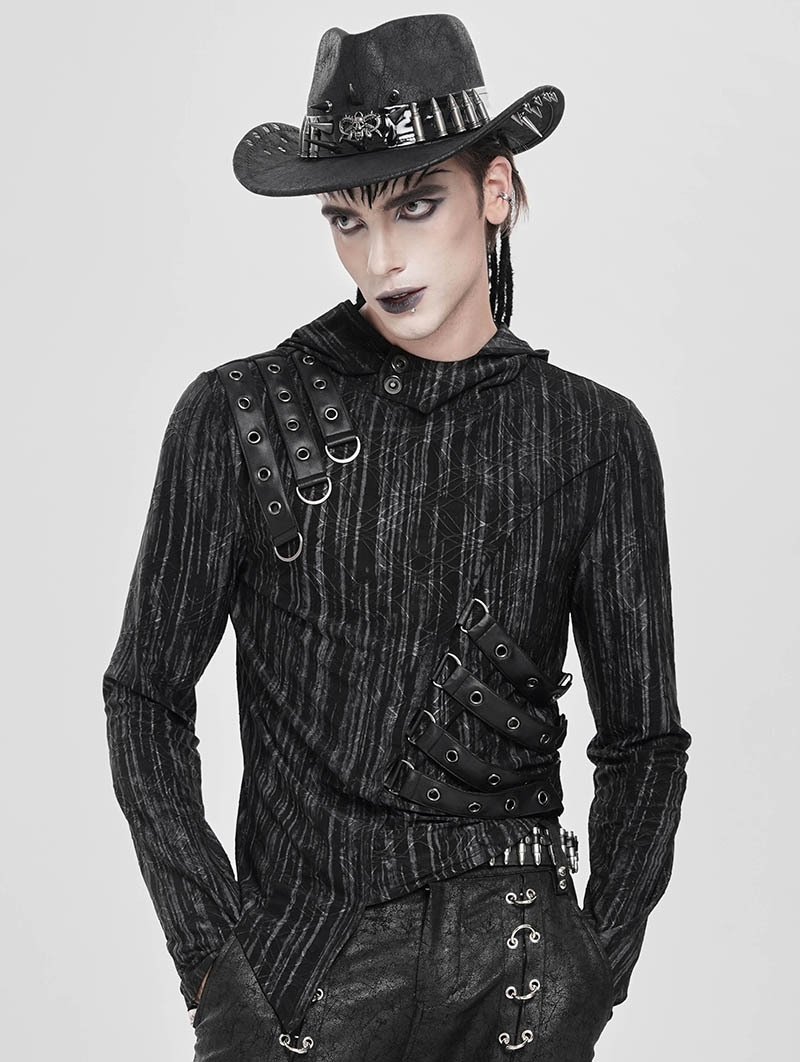 Black and Gray Striped Gothic Asymmetric Hooded T-Shirt for Men