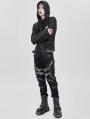 Black and Gray Striped Gothic Asymmetric Hooded T-Shirt for Men