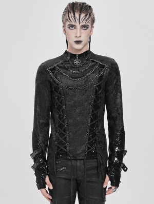 Black Gothic Mesh Spliced Lace-Up Fitted T-Shirt for Men