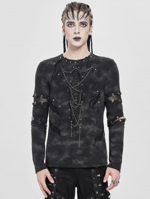 Black Gothic Punk Studded Cutout Long Sleeve T-Shirt for Men