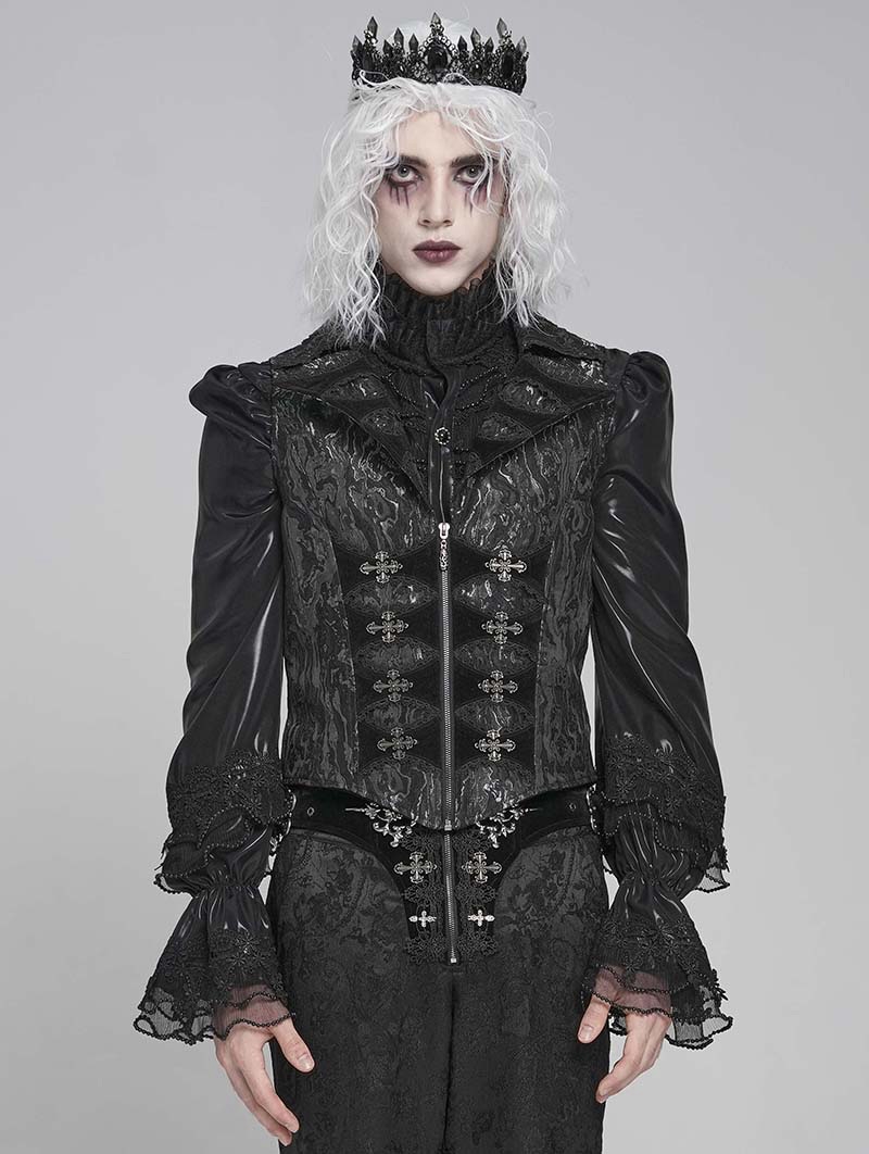 Black and Gray Retro Gothic Patterned Swallowtail Waistcoat for Men