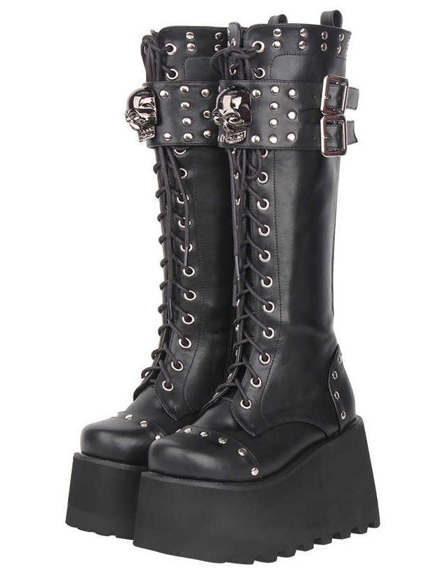 Black Gothic Punk Skull Rivet Wedge Platform Boots