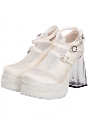 Ivory Silk Bow Strap High Block Heel Lolita Shoes