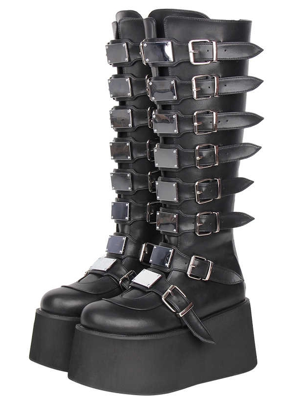 Black Gothic Punk Multi-Buckle Platform Knee High Boots