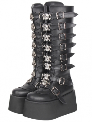Black Gothic Punk Skull Buckle Knee High Platform Boots