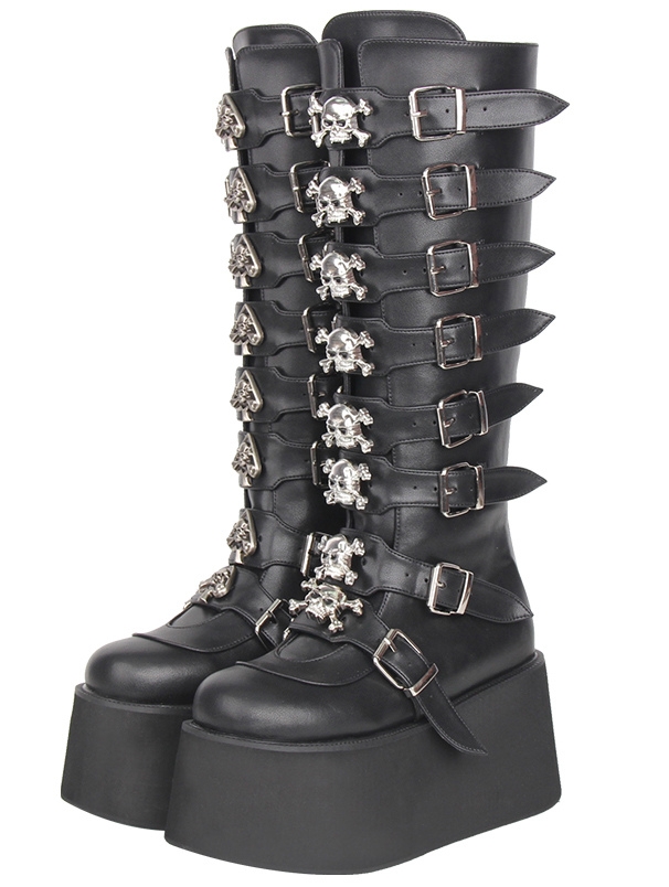 Black Gothic Punk Skull Buckle Knee High Platform Boots