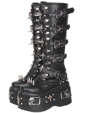Black Gothic Punk Skull Strappy Buckle Platform Knee High Boots
