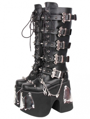 Black Gothic Punk Bat Buckle Platform Knee High Boots