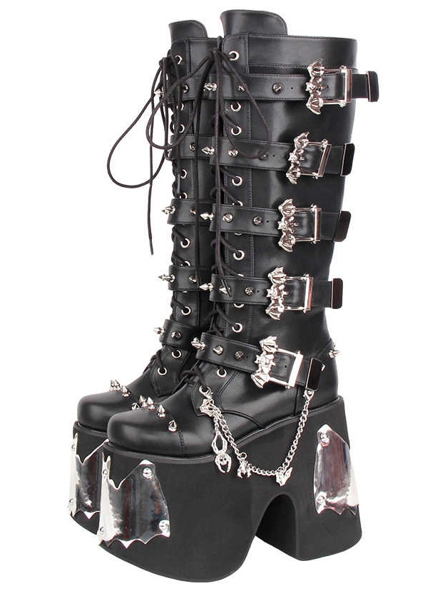 Black Gothic Punk Bat Buckle Platform Knee High Boots